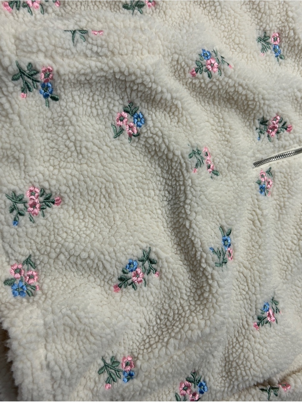 Francesca's Selena Floral Embroidered Sherpa Quarter Zip Pullover Cream Pink - Picture 5 of 6